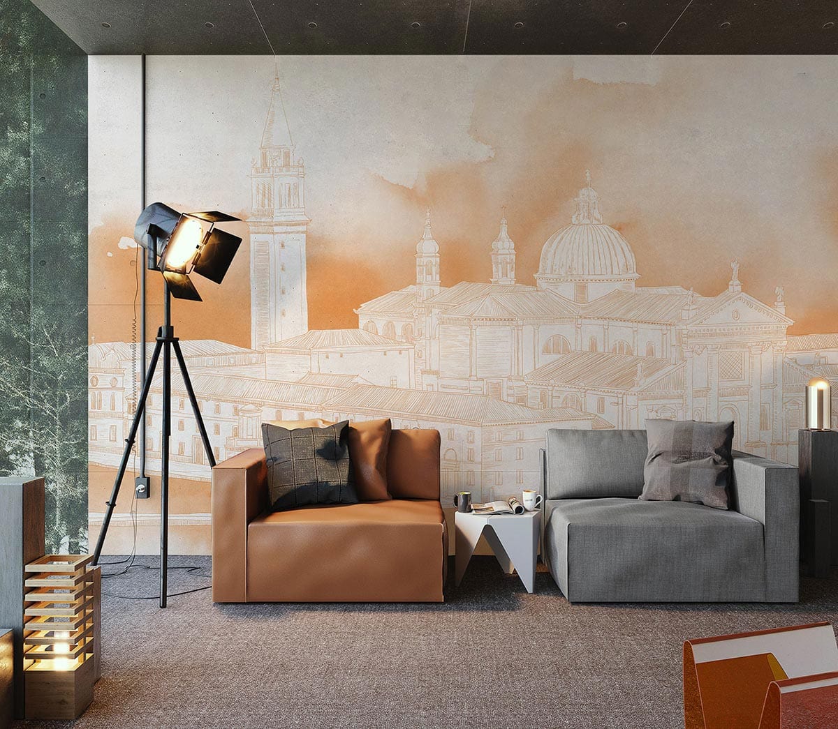 custom Sketched Palace building wallpaper mural for living room