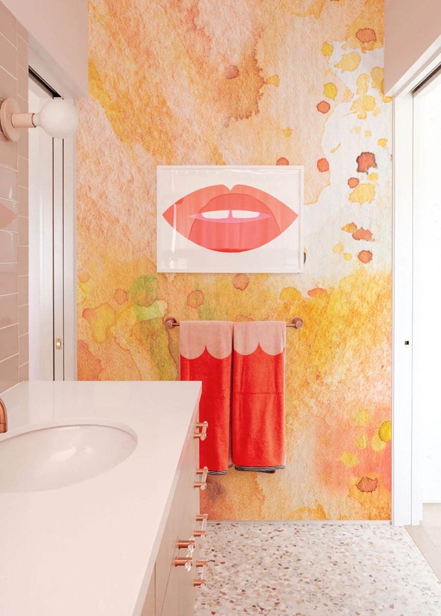 orange watercolor wallpaper mural bathroom art decor