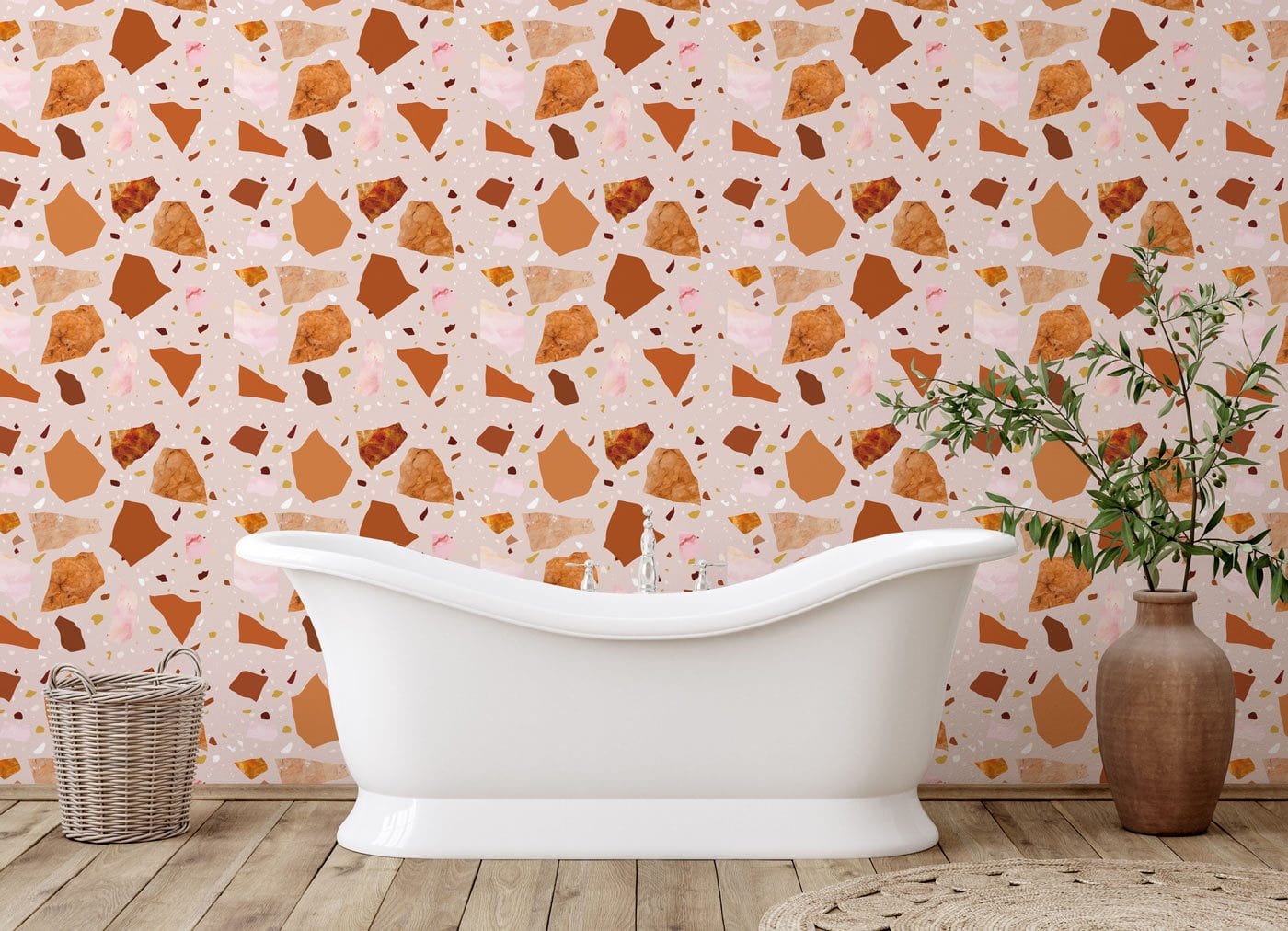 Wallpaper mural with a terrazzo and marble design in orange for the bathroom's decor.