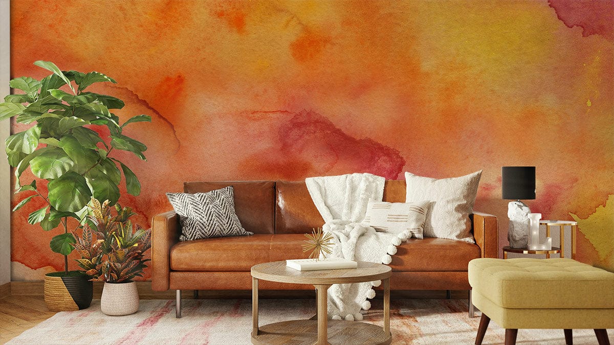 Orange Watercolour abstract Wallpaper Mural for living room