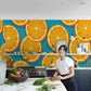 Orange wallpaper in a kitchen setting