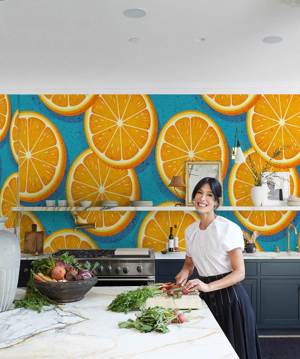 Orange wallpaper in a kitchen setting