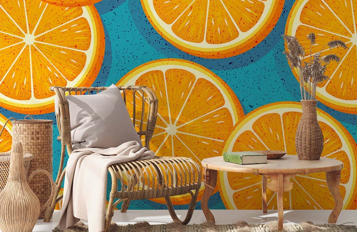a living room with a distinctive wallpaper design inspired by orange peel