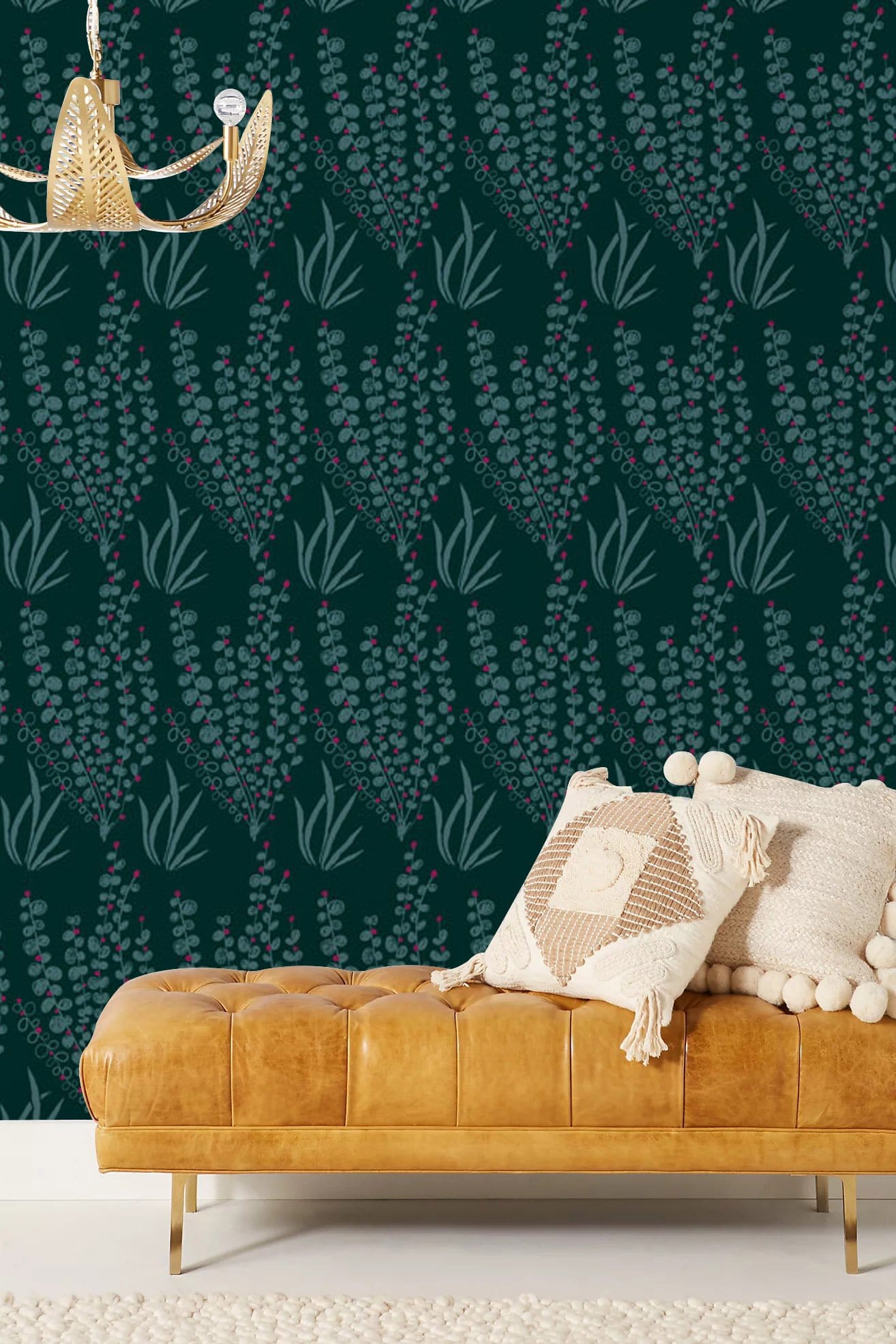 Wallpaper mural with a dark green orchid blossom design for the hallway's decor