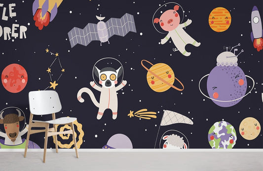 wallpaper with cartoon spaceships and planets for the background of children's rooms