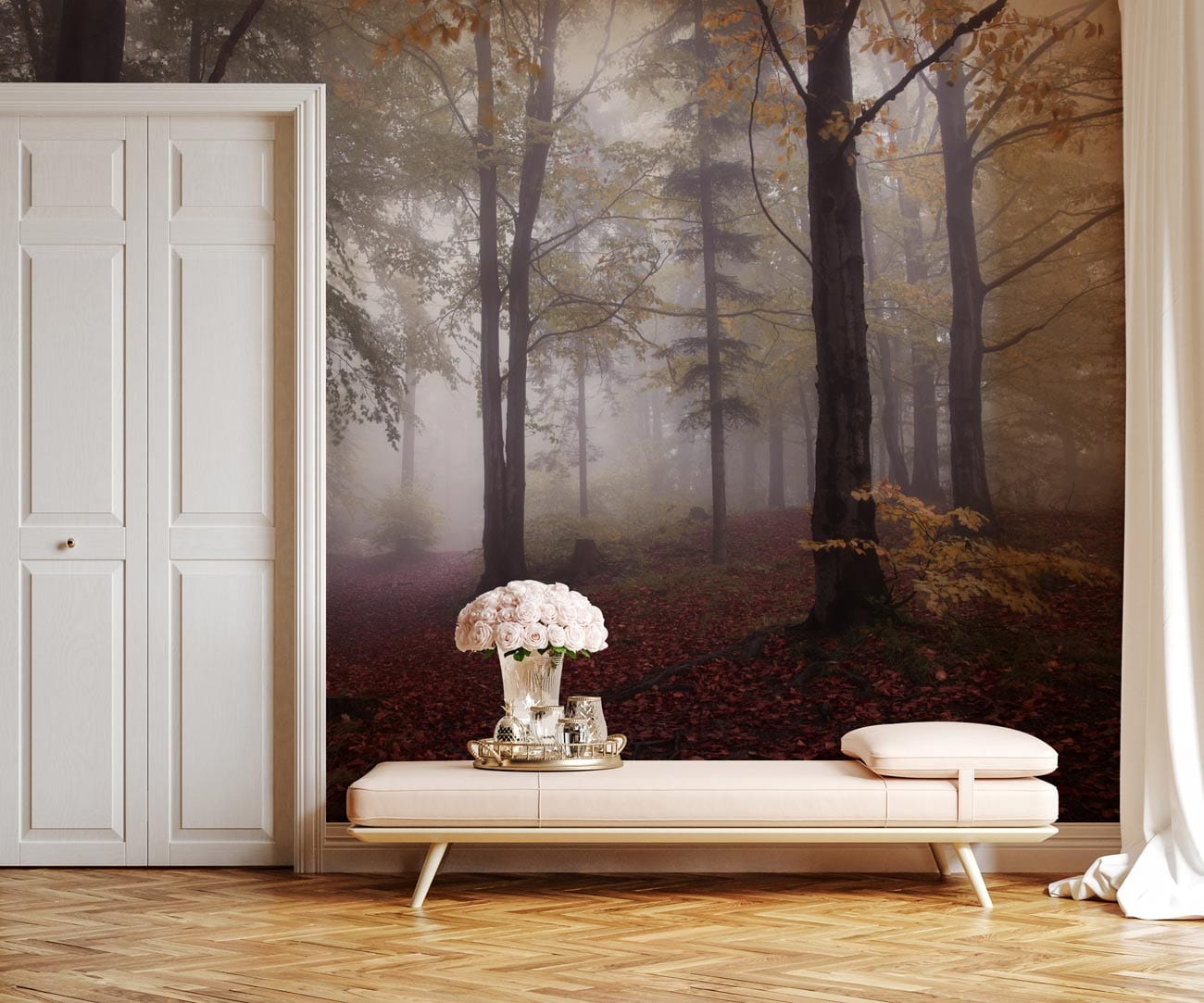 wallpaper in the living room depicting a natural woodland scene in the dark