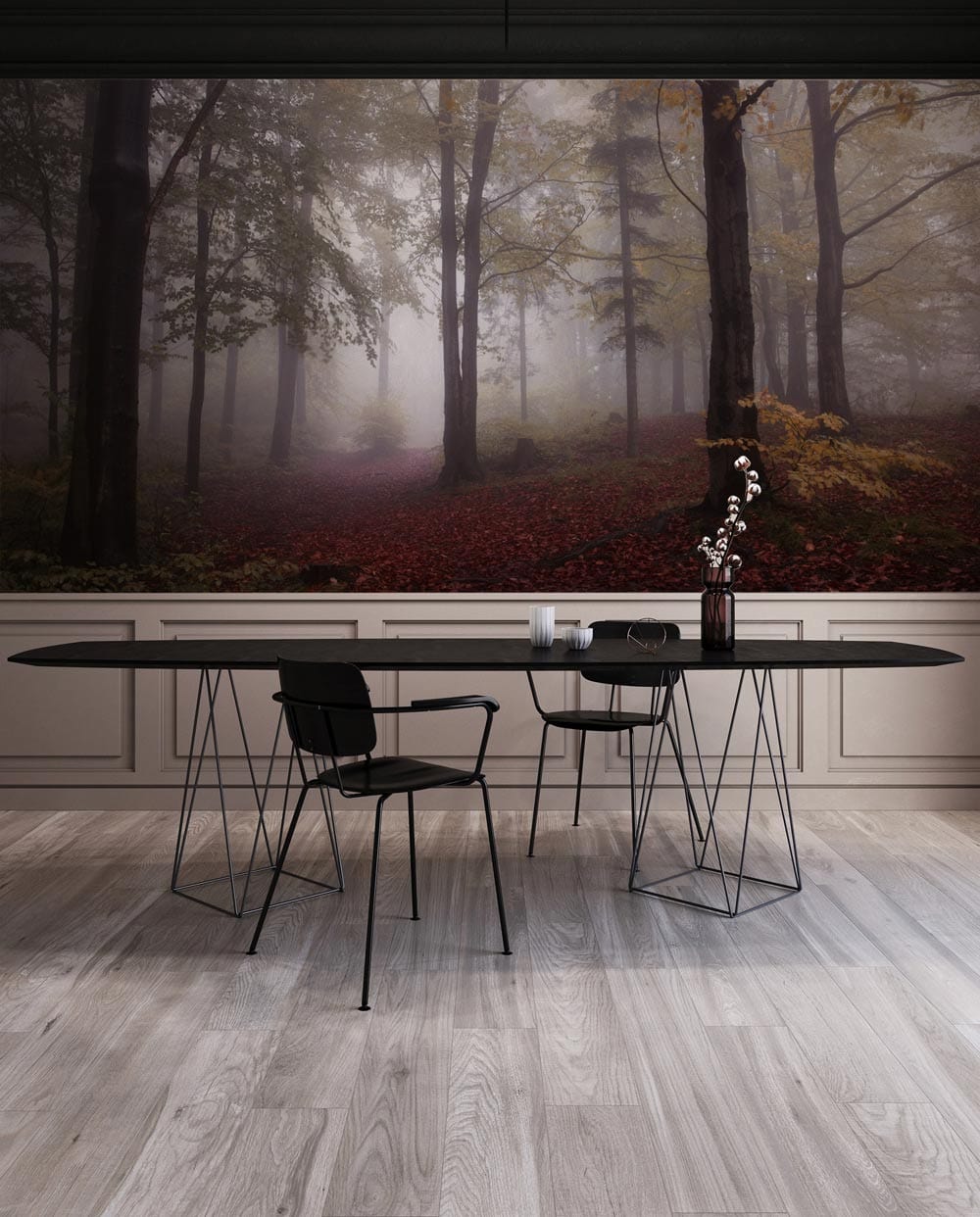 dining room with a view of the woodland through the fog wallpaper