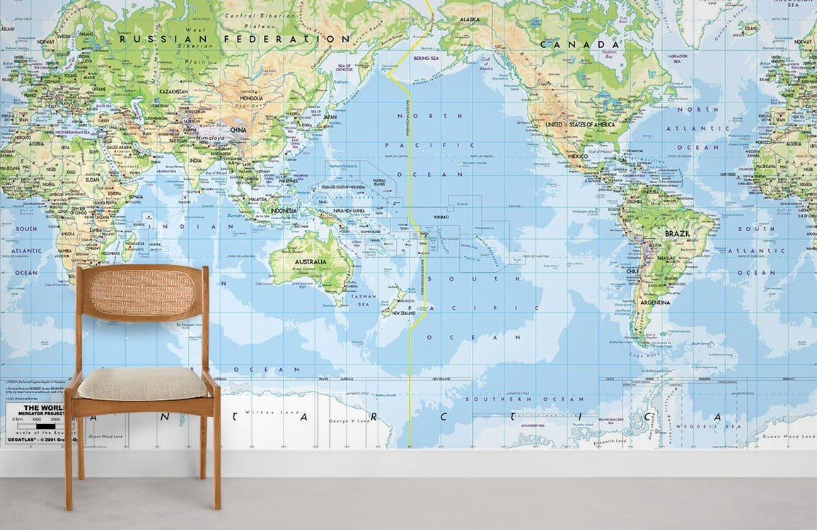 Pacific Centered World Map Mural Wallpaper in office