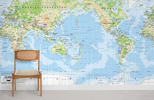 Pacific Centered World Map Mural Wallpaper