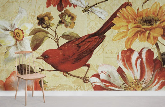 Vintage Bird Floral Pattern Mural Wallpaper