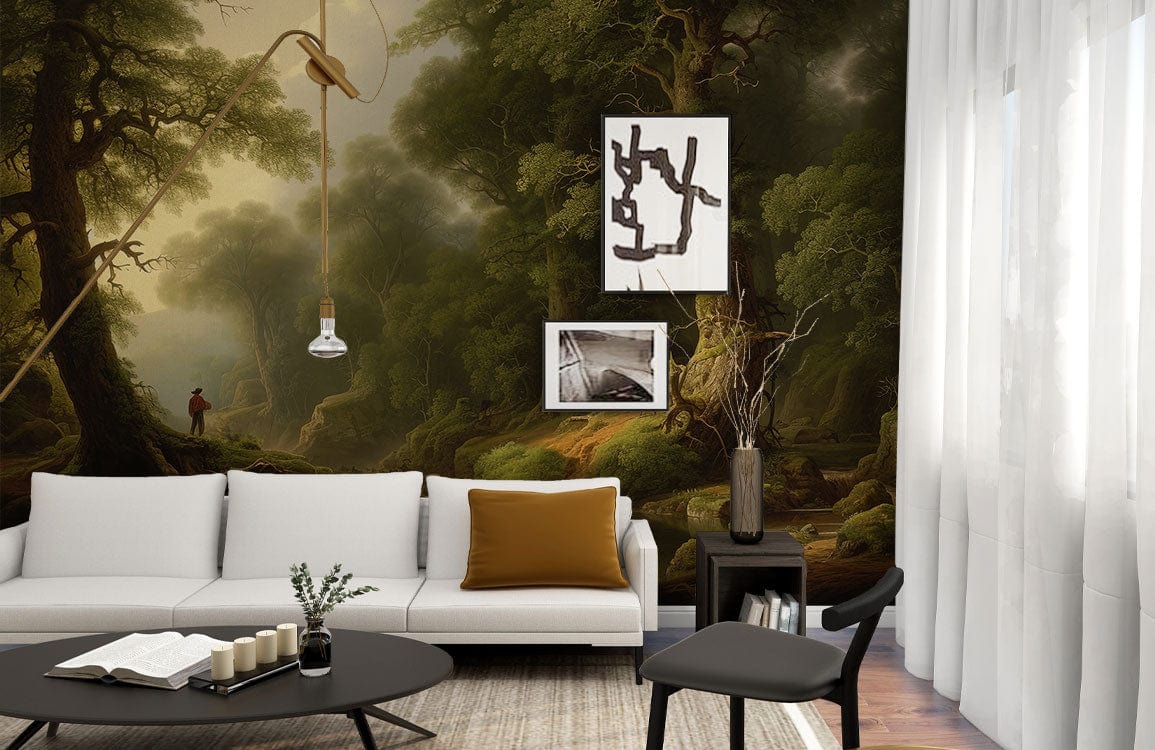 Enchanted Forest Scenic Landscape Mural Wallpaper in living room