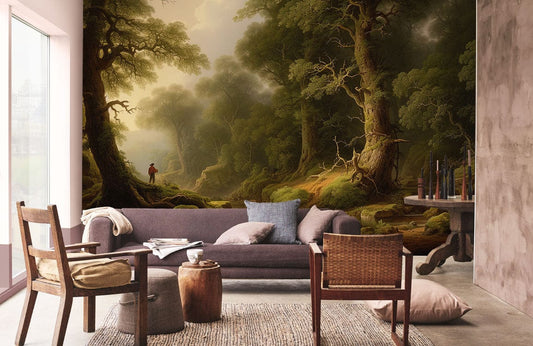Enchanted Forest Scenic Landscape Mural Wallpaper in living room
