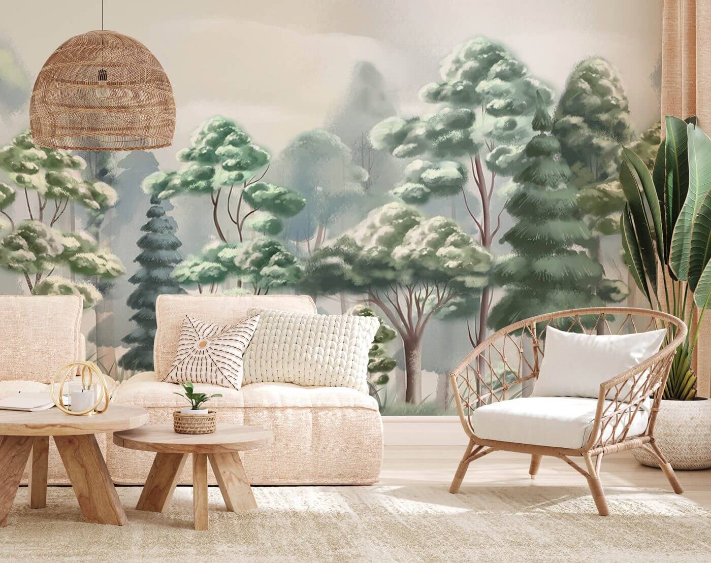 Living Room Decoration Featuring Painted Forest Wallpaper Mural for Living Room