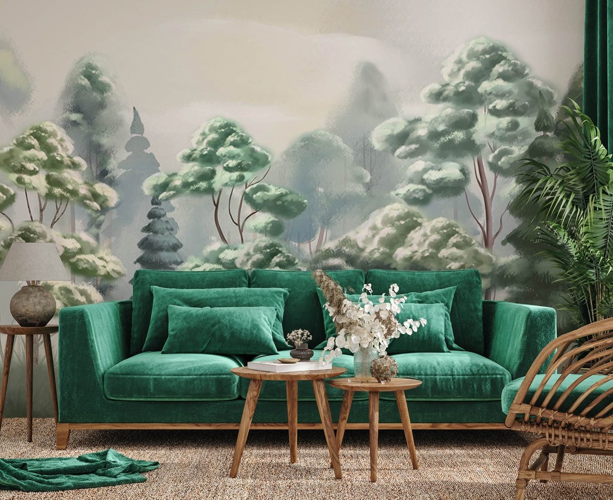 Living Room Decoration Using Painted Forest Wallpaper Mural for Living Room