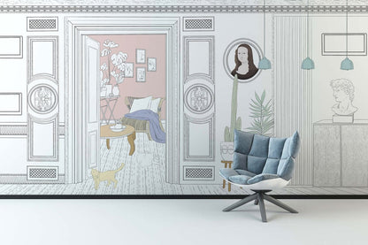 Hallway adornment wallpaper mural designed for indoor use.