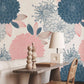a pink and blue wallpaper with a fantasy flower pattern