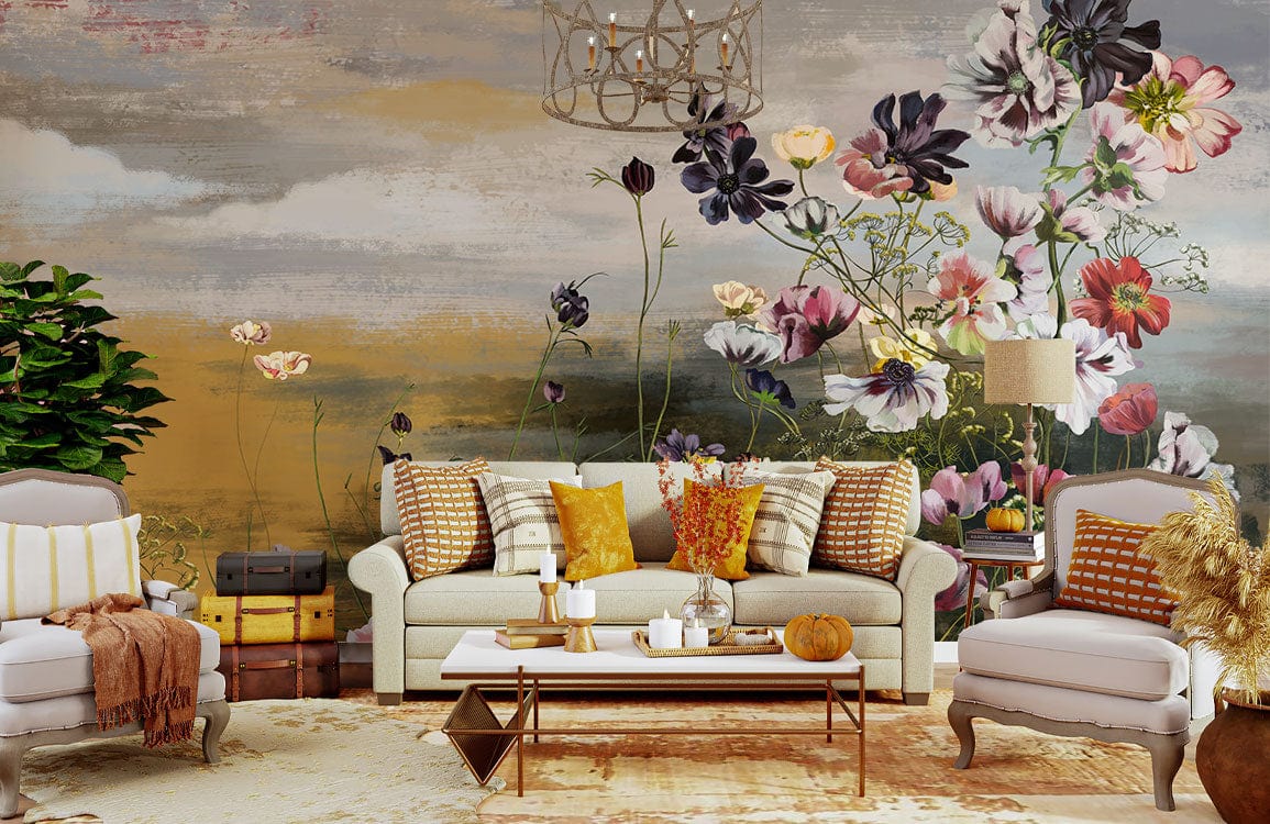 wallpaper mural with antique flowers used as house décor.