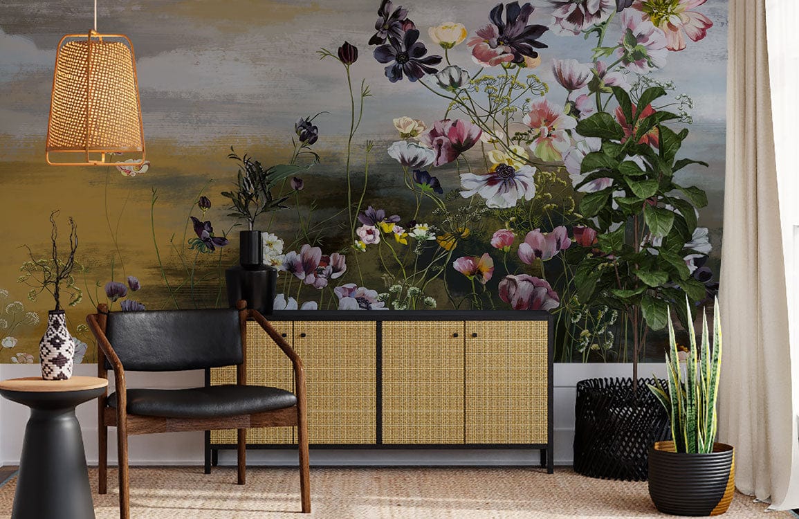 Creating a floral mural painting for the home's wallpaper