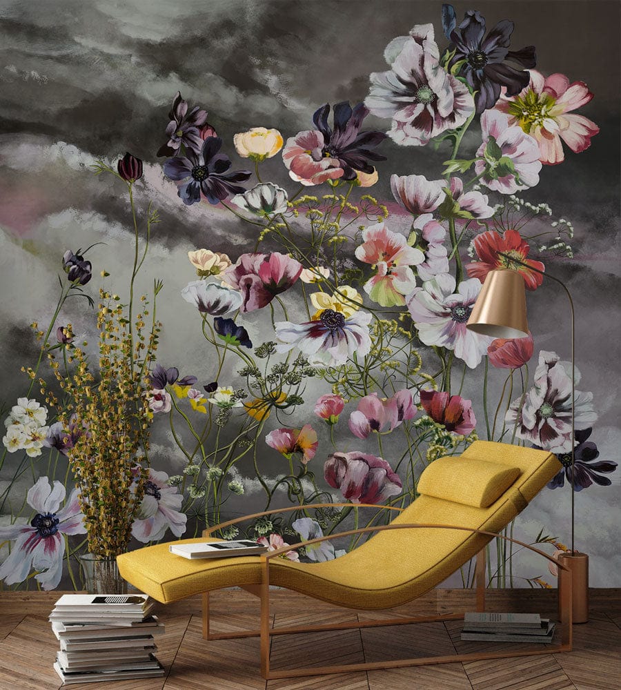 decorating the space with a flower-themed bespoke wallpaper pattern.