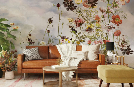 mural of flowers painted on ancient wallpaper to be used at home.