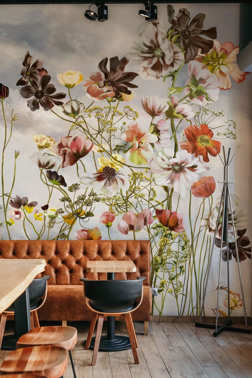 decorating for a restaurant using an oil painting of a vintage wallpaper mural