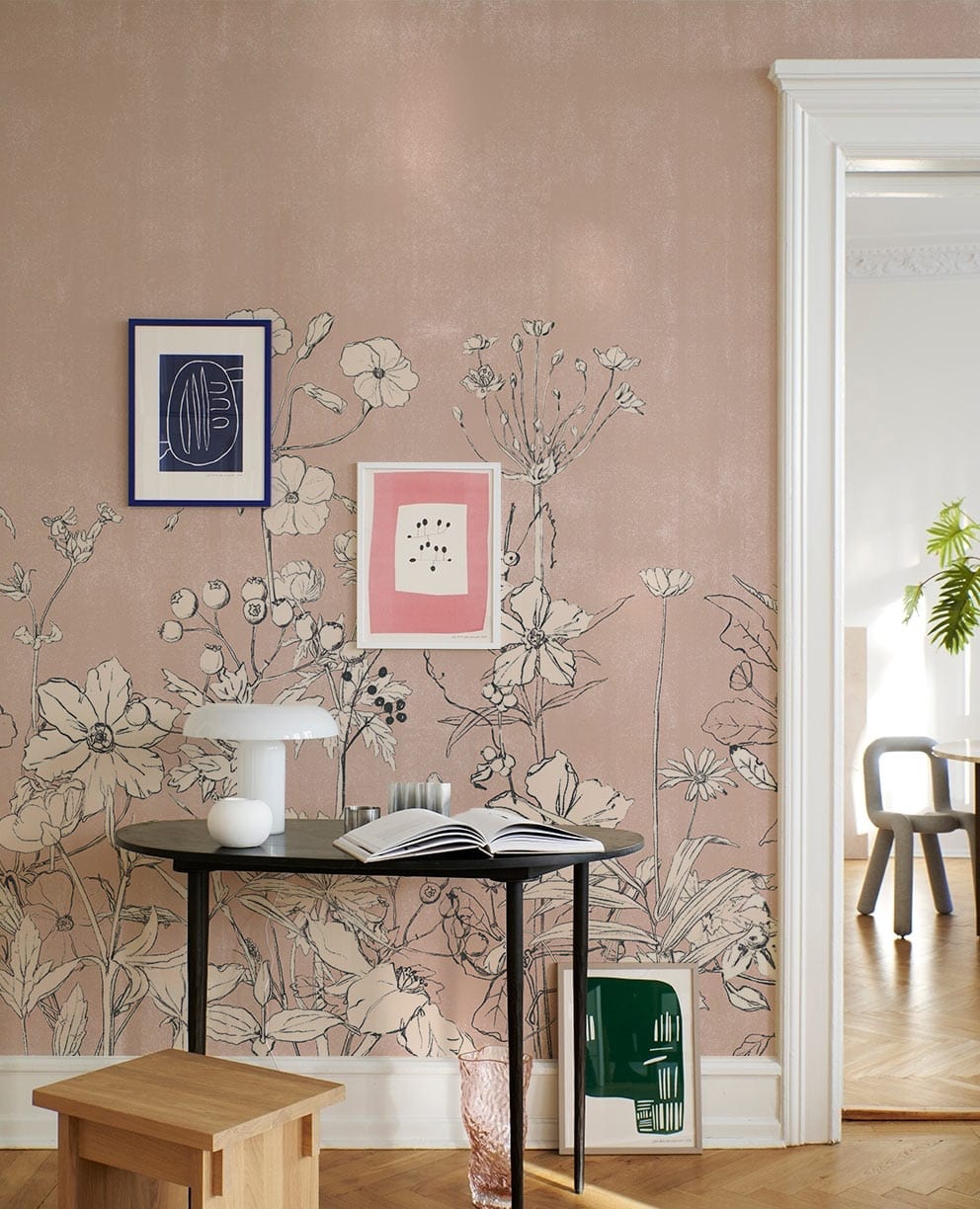 Wallpaper Mural for Office with Pale Plants and a Pink Background