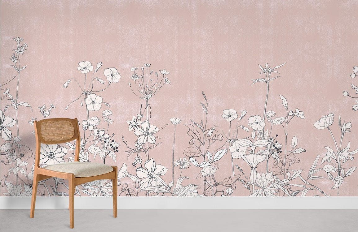 Wallpaper Mural with Pale Plants on a Pink Background