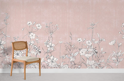 Wallpaper Mural with Pale Plants on a Pink Background