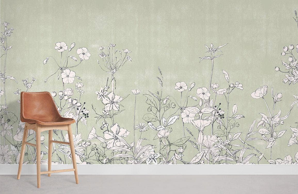 Wallpaper Mural with Pale Plants in a Bedroom