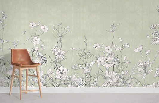 Wallpaper Mural with Pale Plants in a Bedroom