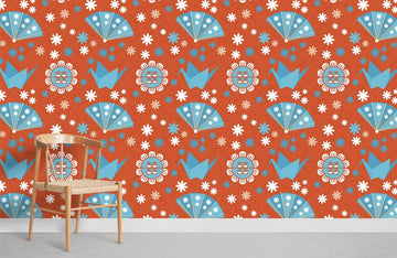 Retro Blue Origami Floral Mural Wallpaper