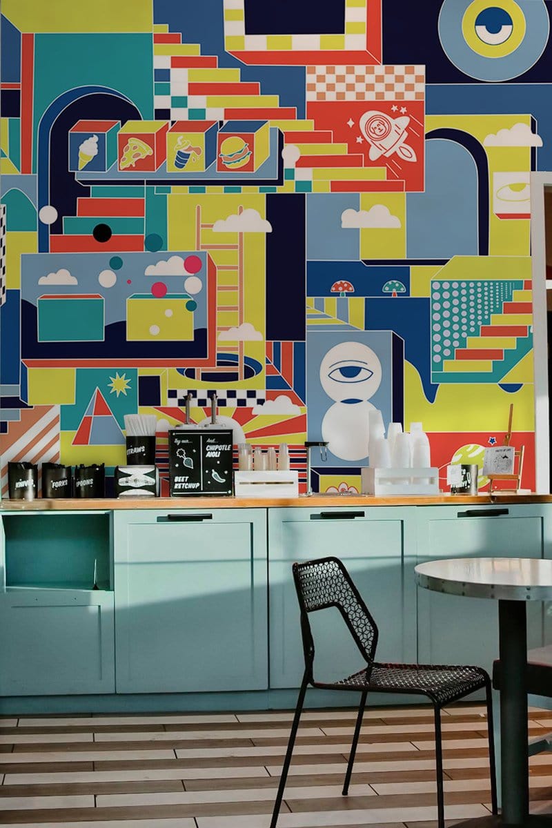 Decorate your hallway with this vibrant Parallel World office wallpaper mural.