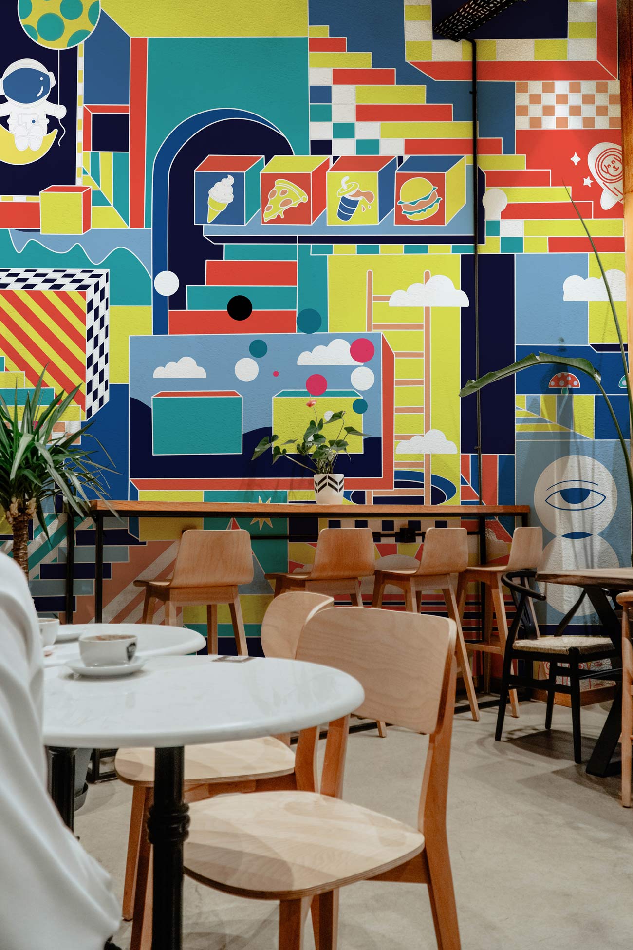 Mural Wallpaper Design Featuring the Colorful Parallel World Office for Restaurant Decoration