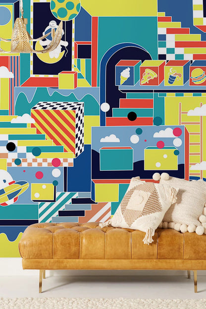 Wallpaper mural for the hallway at work with the colourful parallel world design.