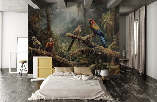Tropical Rainforest Parrot Mural Wallpaper in bedroom