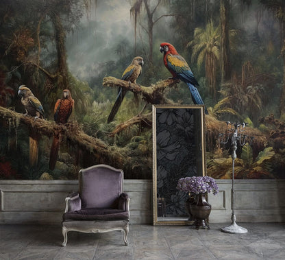 Tropical Rainforest Parrot Mural Wallpaper in living room