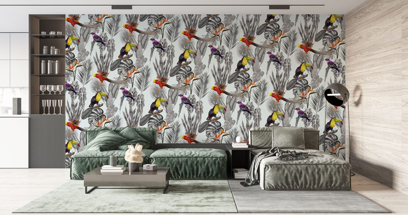 grey jungle forest wall mural lounge interior design