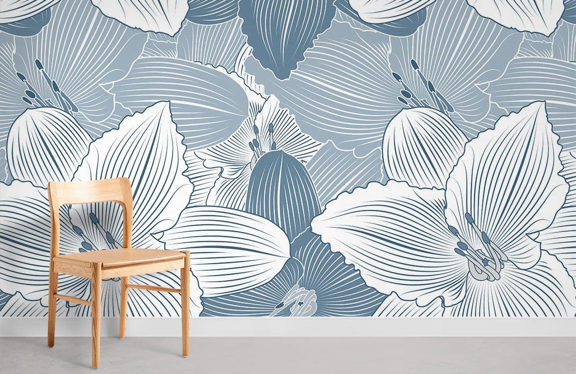 Blue Lily Flower Pattern Wallpaper Room