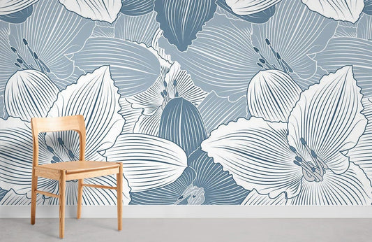 Blue Lily Flower Pattern Wallpaper Room