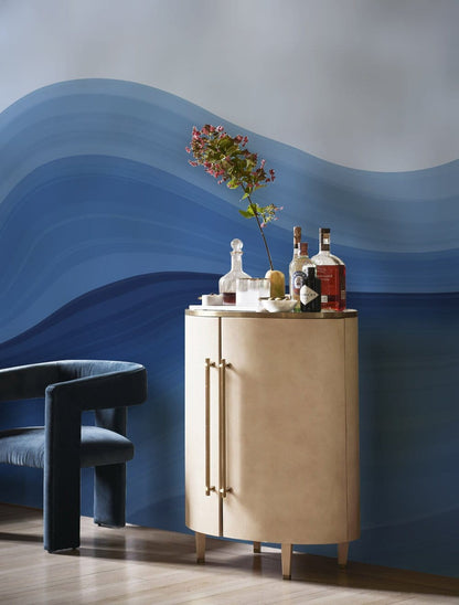 Wallpaper mural with a pastel blue marble pattern for the hallway's decor.