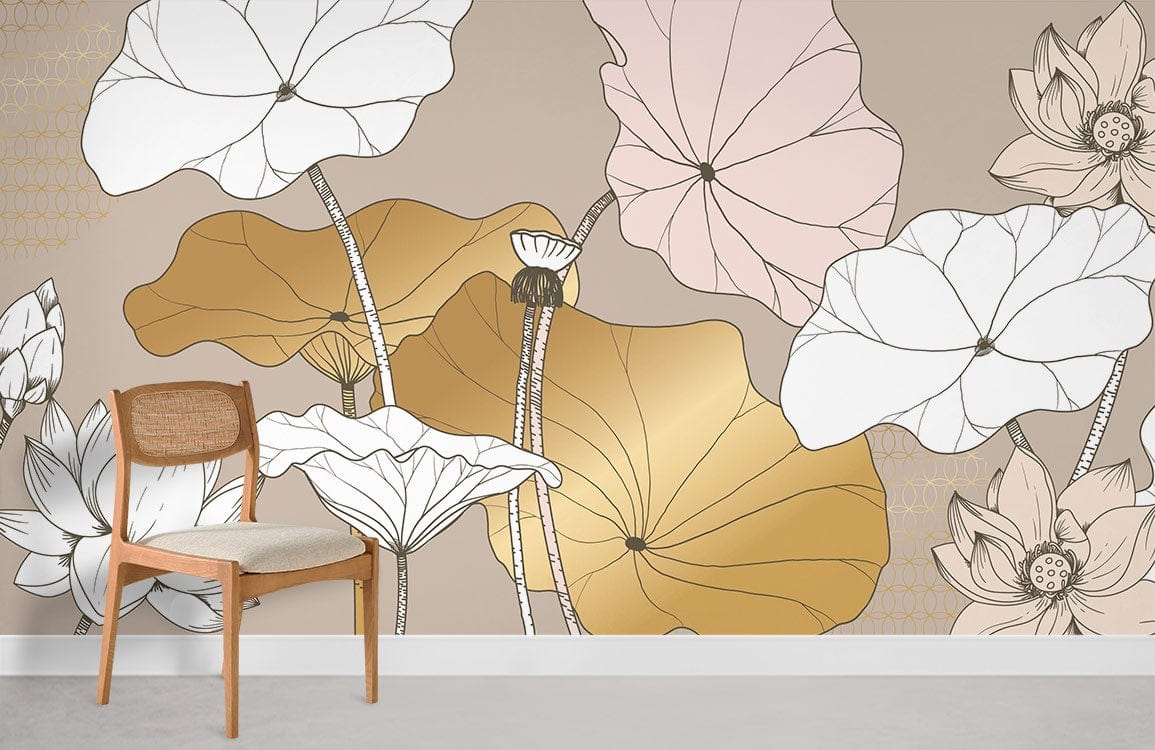 Pastel Golden Lotus Flower Wallpaper Room