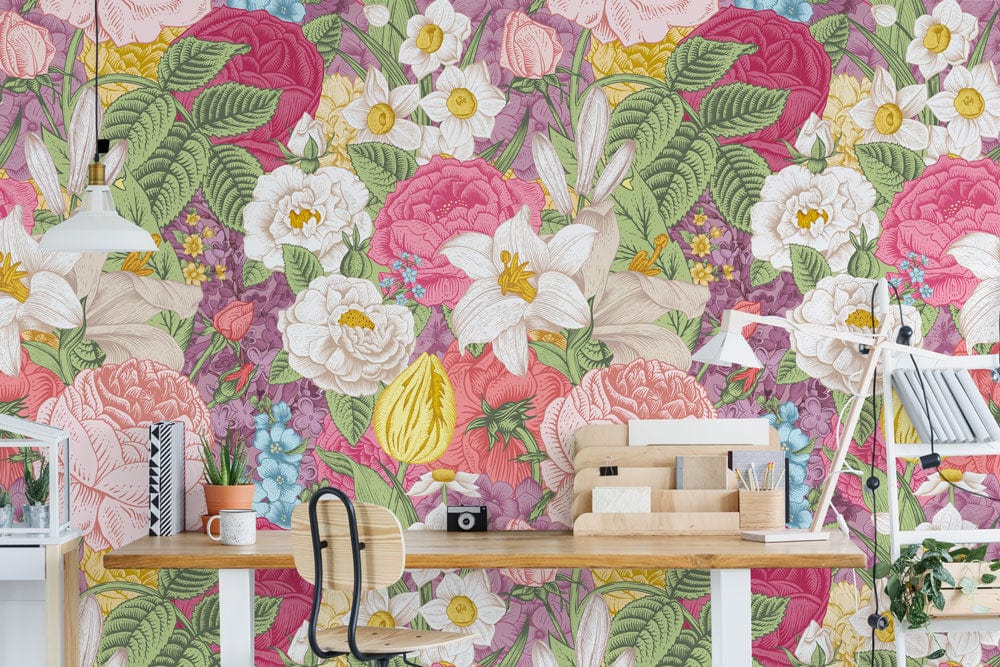 Wallpaper mural featuring a pastel version of the prosperous flower design. Suitable for home or office decor.