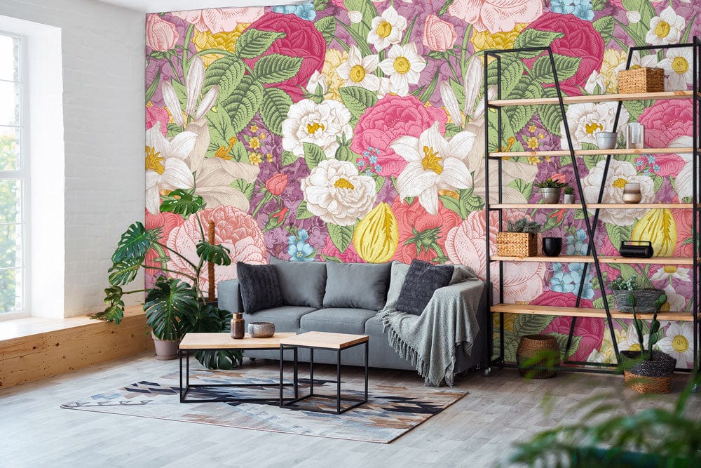 Wallpaper mural with a pastel version of a prosperous flower design for the living room.