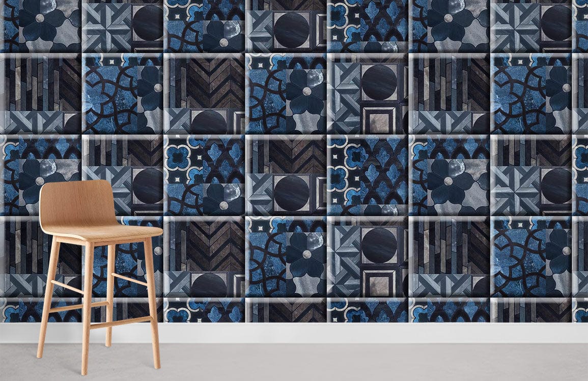 blue flower pattern tile wall mural room