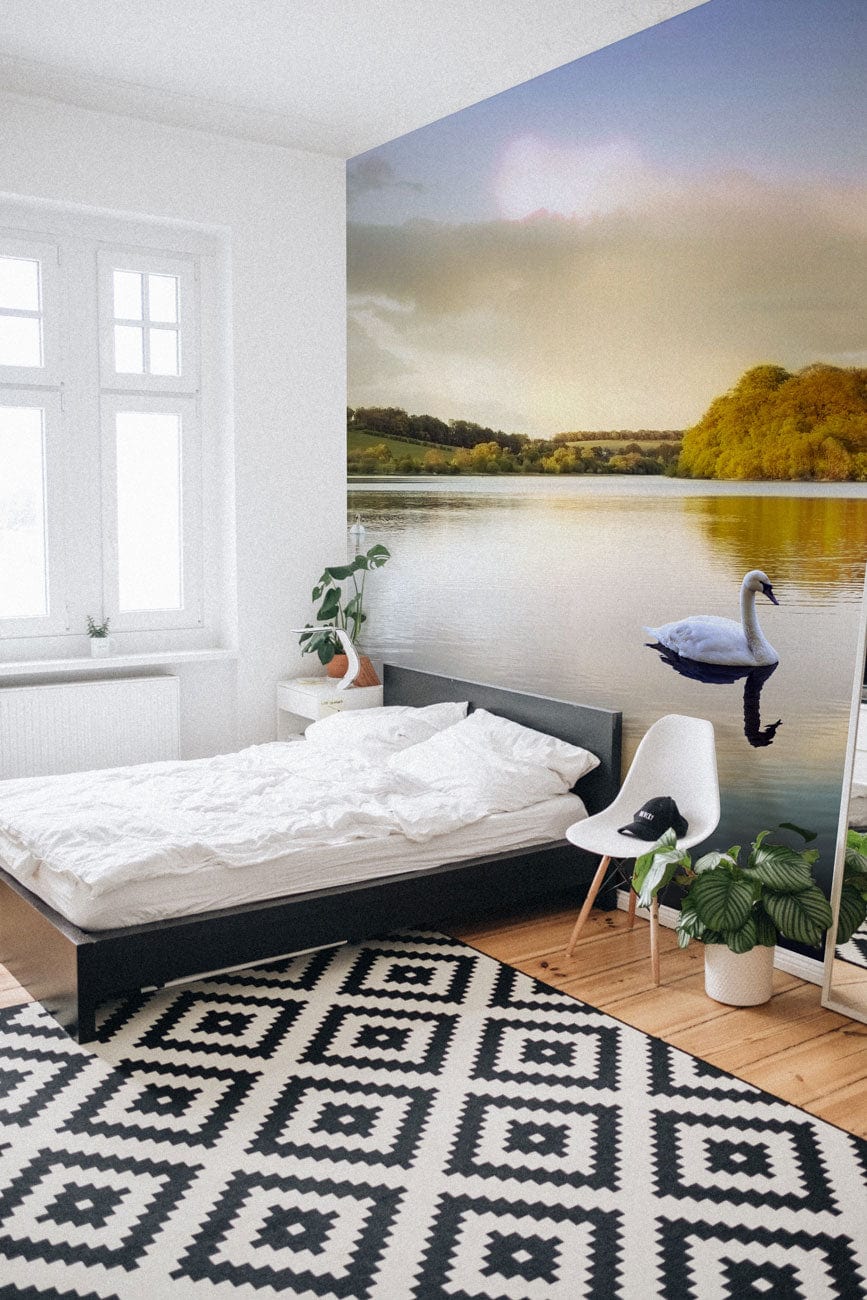 Wallpaper Mural for Bedroom Decoration Featuring a Calming Scene of Swan Lake