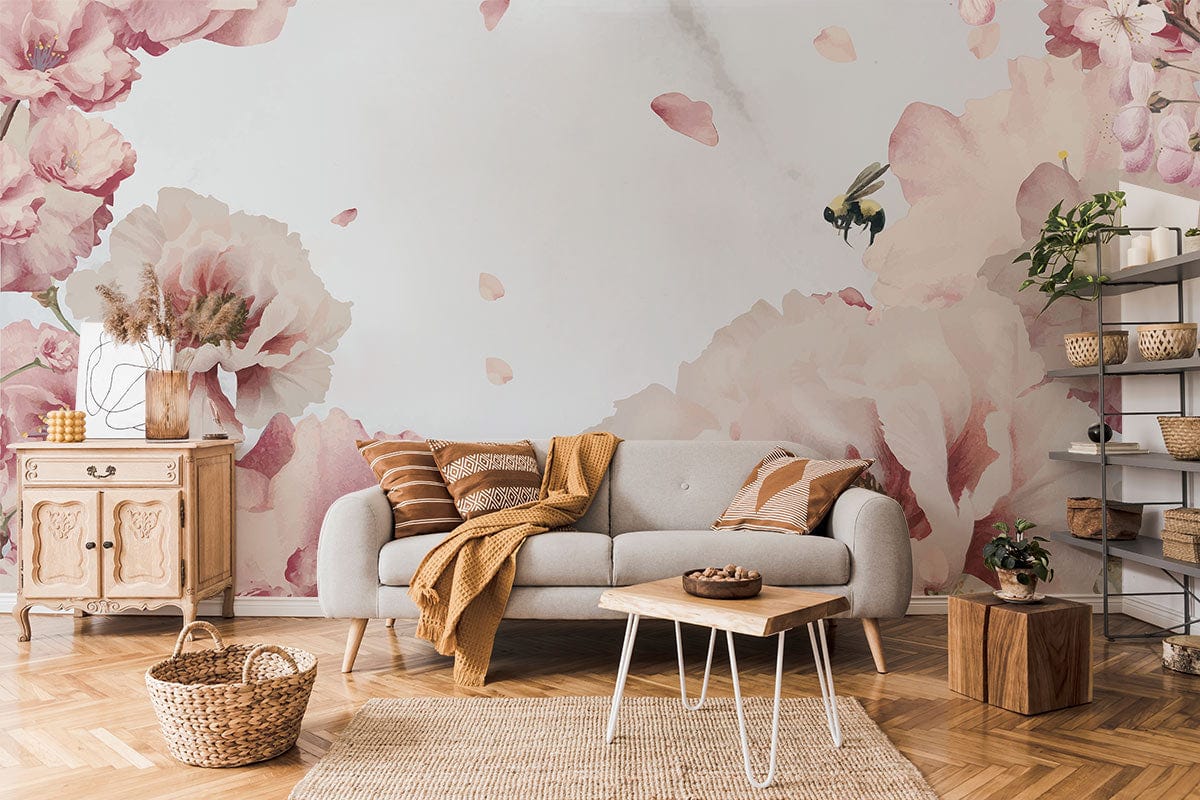 Painted Peach Blossom and bee Wallpaper Mural for living Room decor