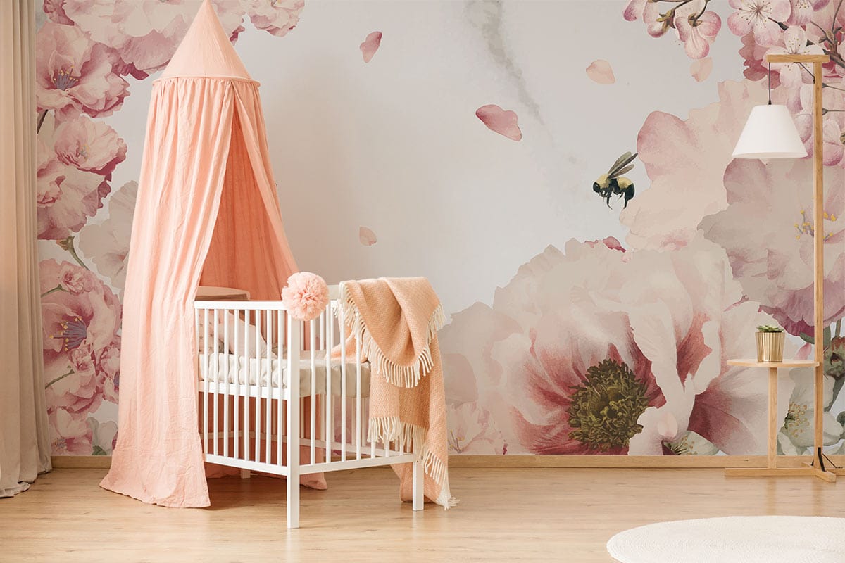 Painted Peach Blossom and bee Wallpaper Mural for kid's room