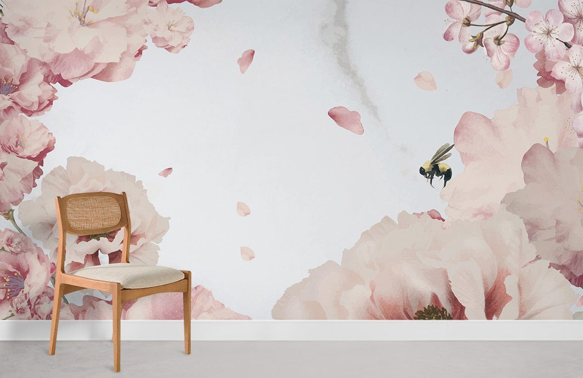 Painted Peach Blossom and bee Wallpaper Mural for Room decor