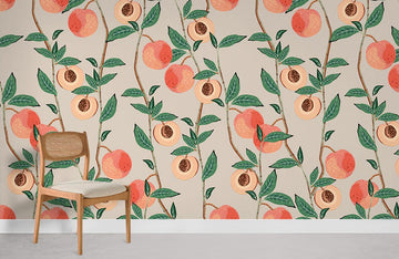 Peach Botanical Illustration Mural Wallpaper