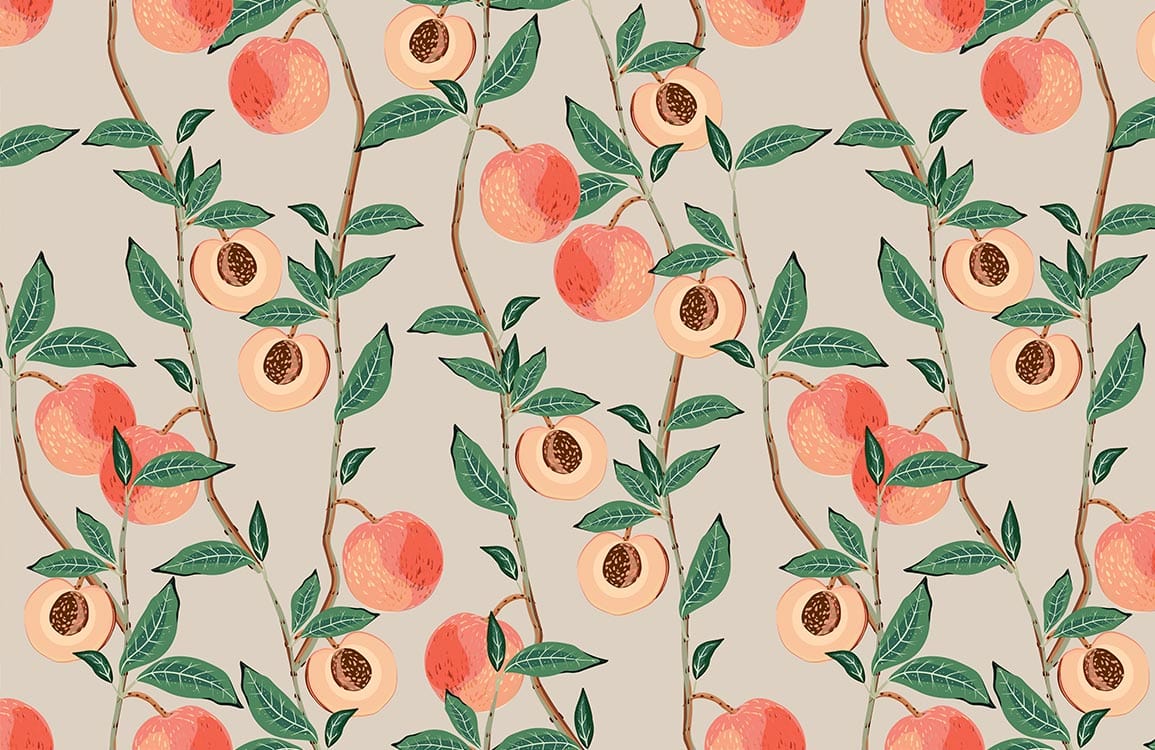 Peach Botanical Illustration Mural Wallpaper